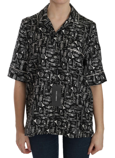 Dolce & Gabbana Schwarzes Seidentop mit Musikinstrumentenaufdruck