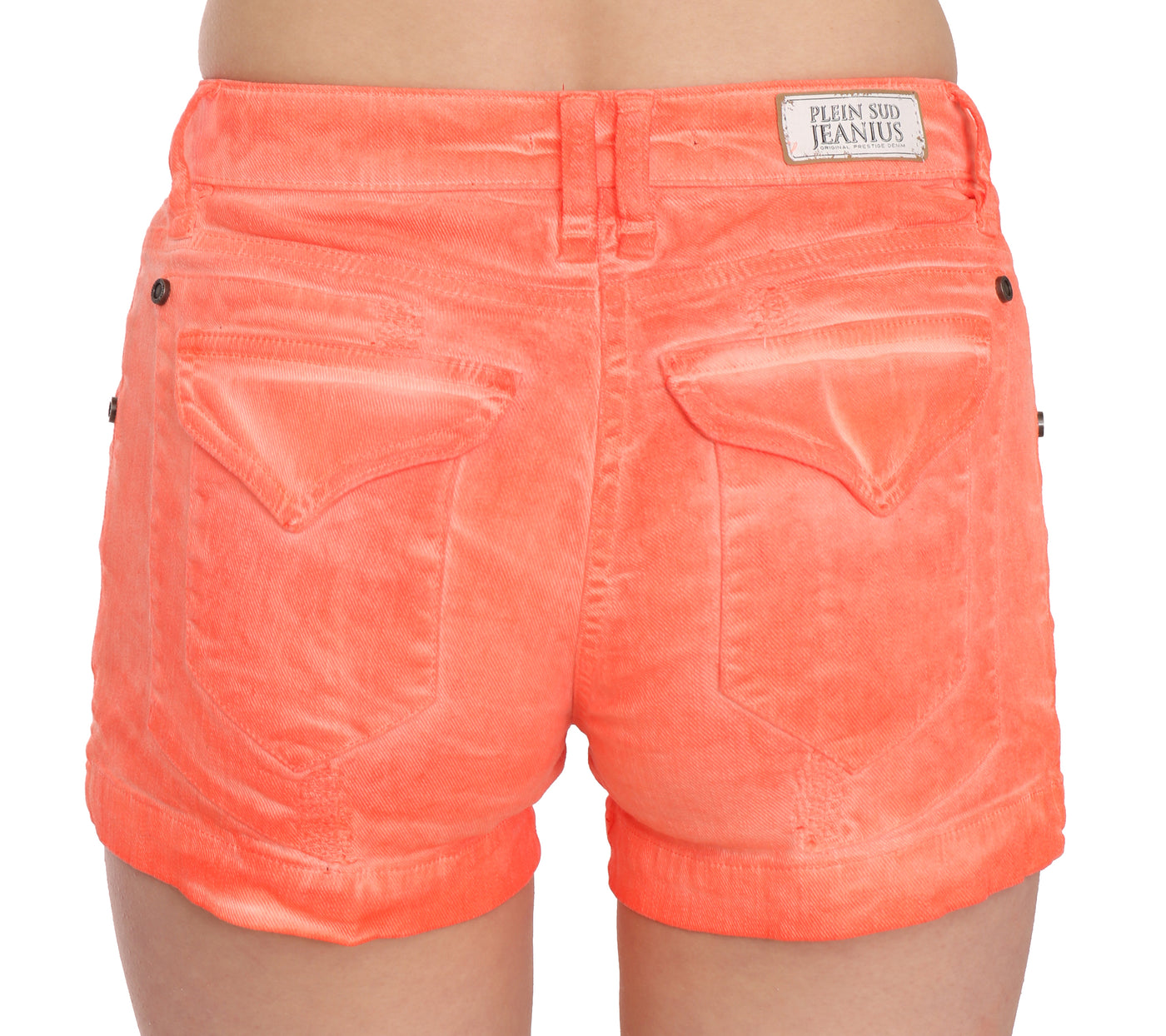 PLEIN SUD Orangefarbene Mini-Shorts aus Baumwoll-Denim mit mittlerer Taille