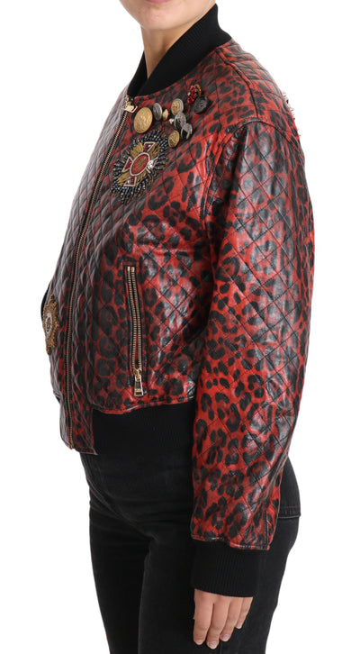 Dolce & Gabbana Rote Leopardenknopf-Kristall-Lederjacke