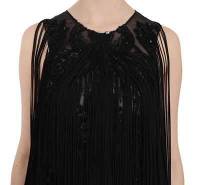 John Richmond Schwarzes Seidenkleid mit Paillettenbesatz