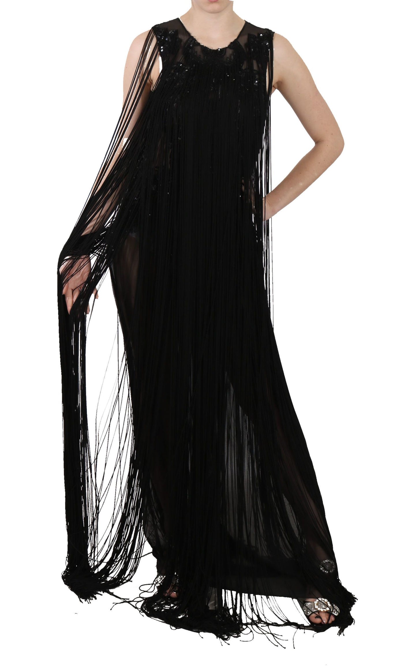 John Richmond Schwarzes Seidenkleid mit Paillettenbesatz