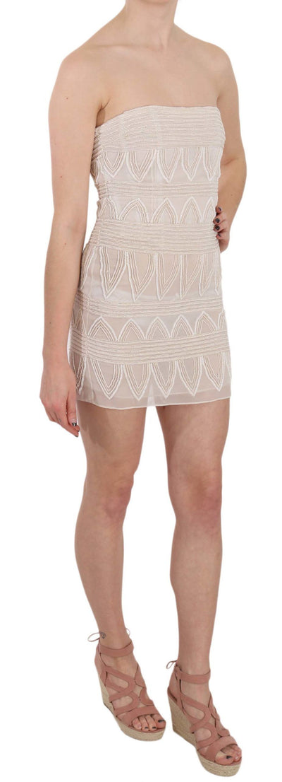 John Richmond Beigefarbenes, perlenbesetztes kurzes Minikleid aus Seide
