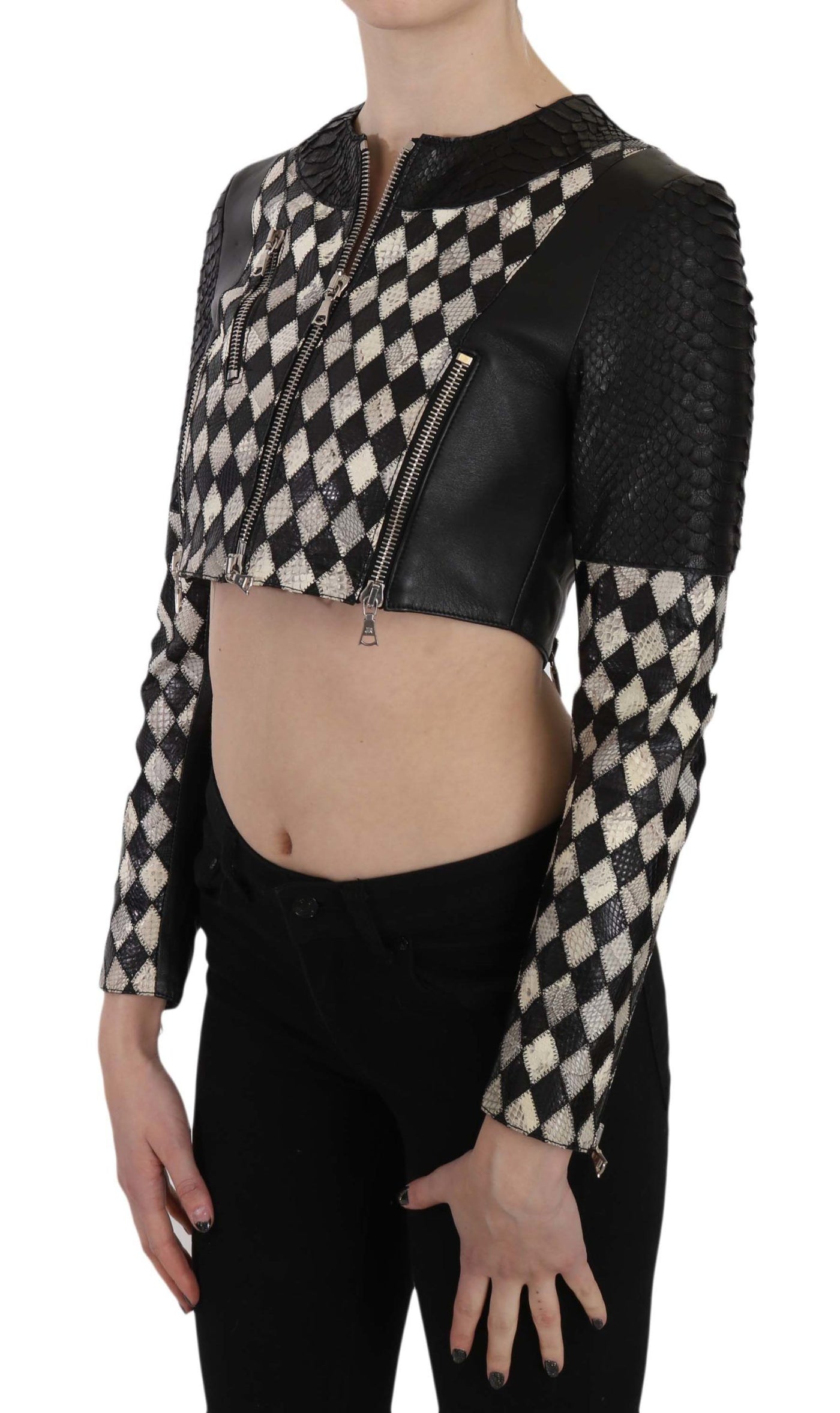 John Richmond Schwarz Weiß Leder Kurzer Cropped Biker Jacke Mantel