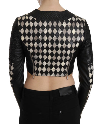 John Richmond Schwarz Weiß Leder Kurzer Cropped Biker Jacke Mantel