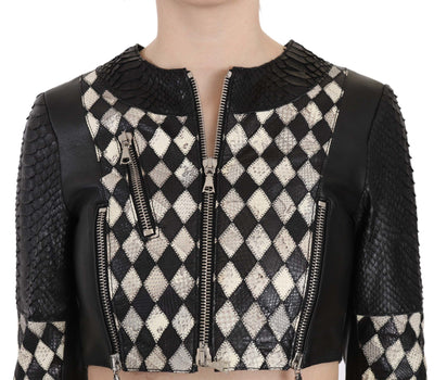 John Richmond Schwarz Weiß Leder Kurzer Cropped Biker Jacke Mantel