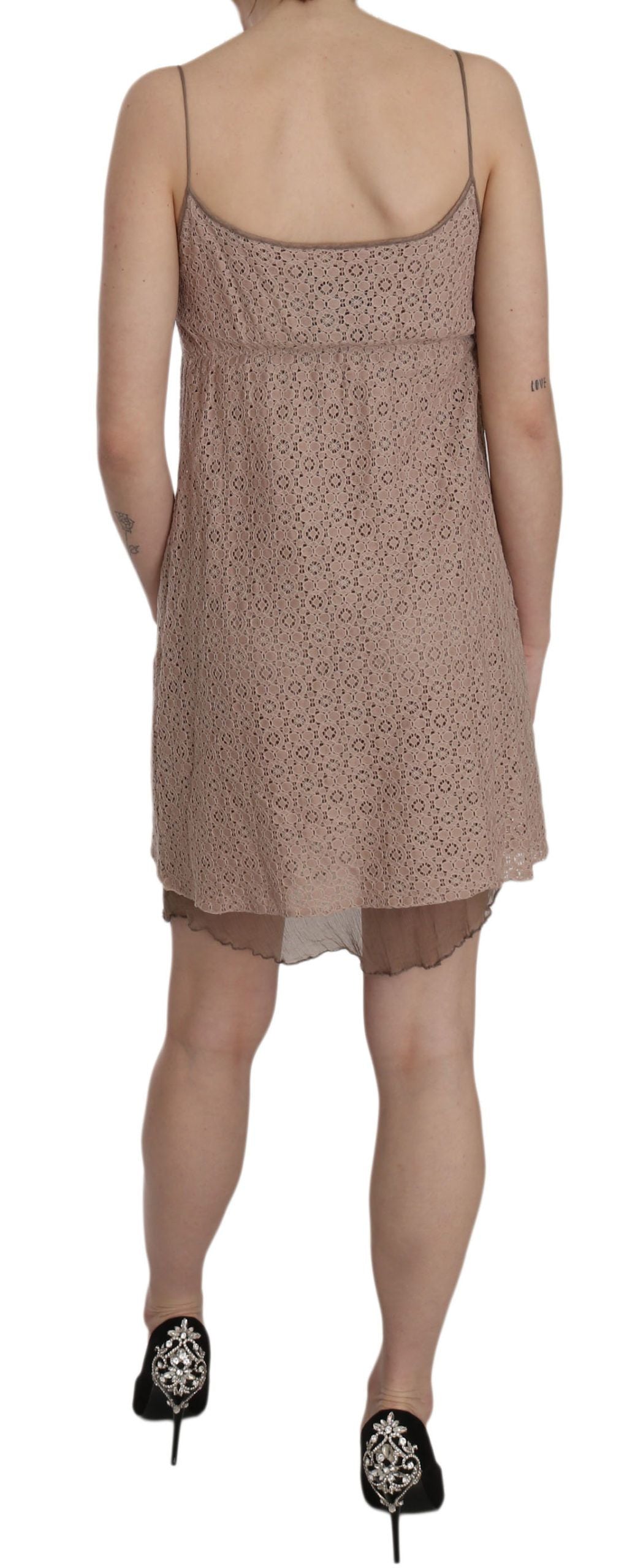 PINK MEMORIES Beige Spaghettiträger A-Linie Mini-Baumwollkleid
