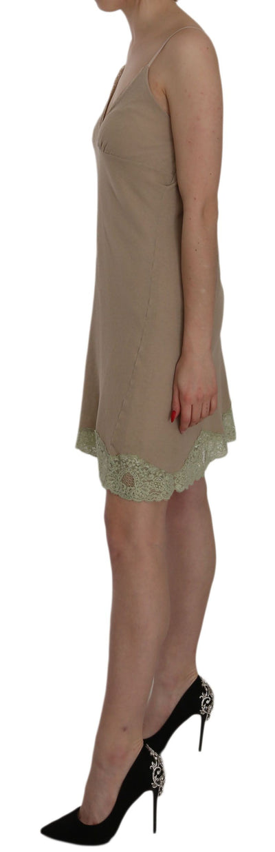 PINK MEMORIES Beigefarbenes Spaghettiträger-Minikleid aus Baumwolle mit Spitze