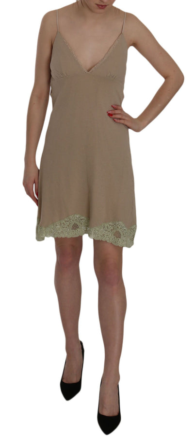 PINK MEMORIES Beigefarbenes Spaghettiträger-Minikleid aus Baumwolle mit Spitze