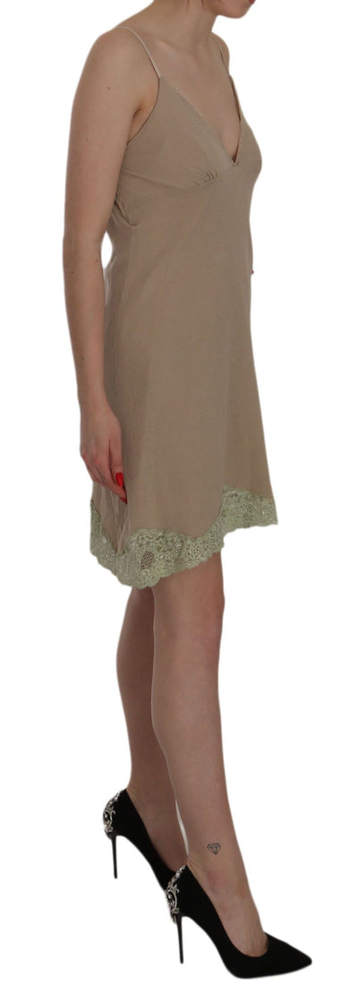 PINK MEMORIES Beigefarbenes Spaghettiträger-Minikleid aus Baumwolle mit Spitze