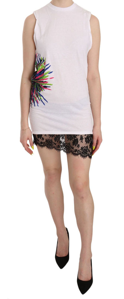 Dsquared² Weißes bedrucktes Rundhalsausschnitt-Bodycon-Minikleid ohne Ärmel