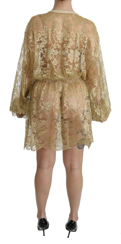 Dolce & Gabbana Goldfarbenes Kleid mit durchgehender Spitze in A-Linie und knielang