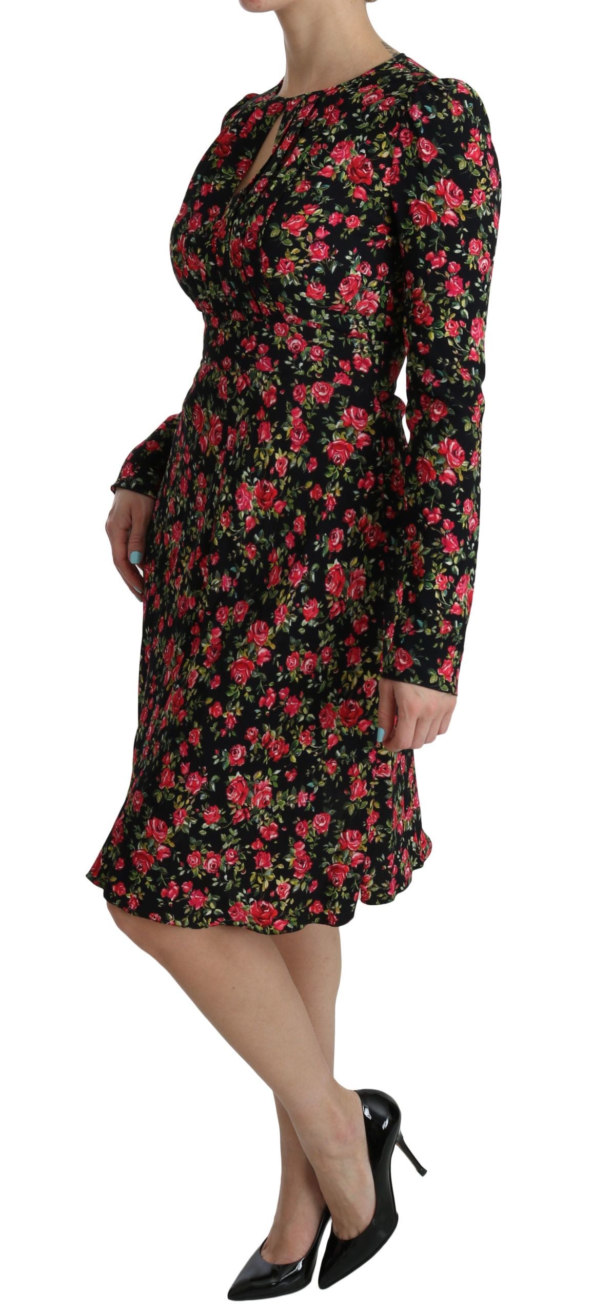 Dolce & Gabbana Schwarzes geblümtes langärmeliges, knielanges Kleid