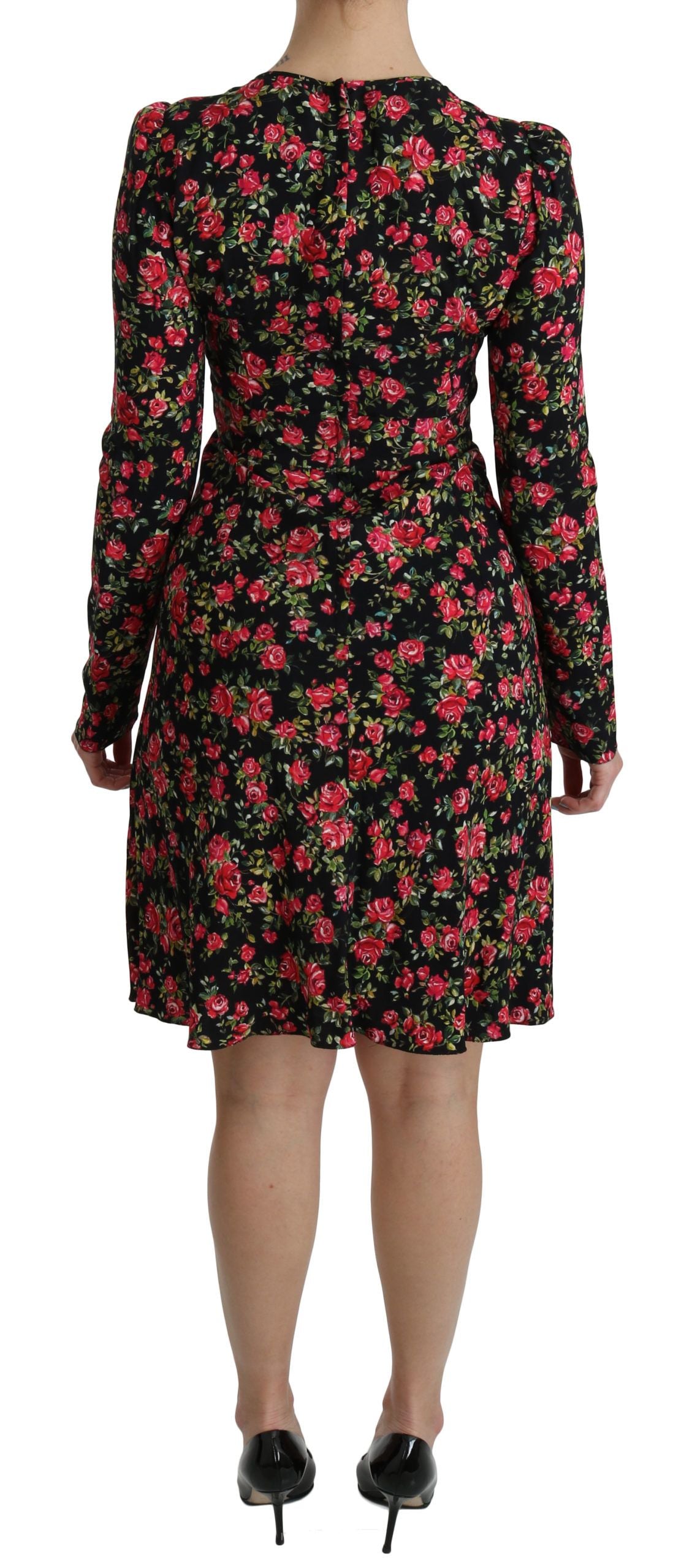 Dolce & Gabbana Schwarzes geblümtes langärmeliges, knielanges Kleid