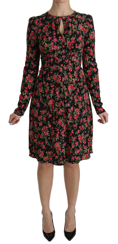 Dolce & Gabbana Schwarzes geblümtes langärmeliges, knielanges Kleid