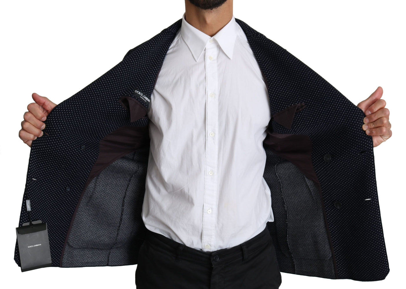 Dolce & Gabbana Dunkelblauer gepunkteter zweireihiger Mantel Blazer