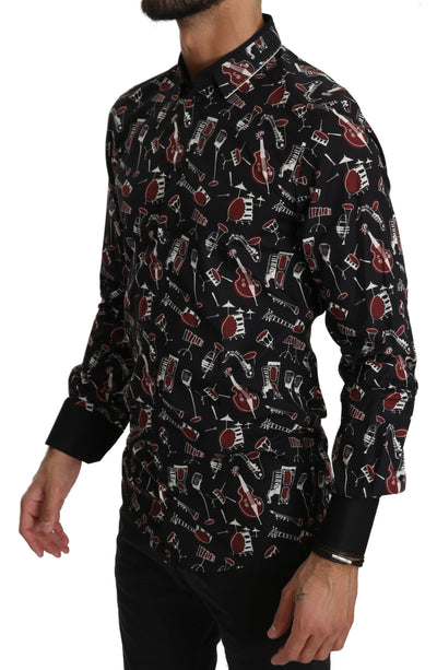 Dolce & Gabbana Elegantes schwarzes Hemd mit Musicaldruck aus Baumwollseide