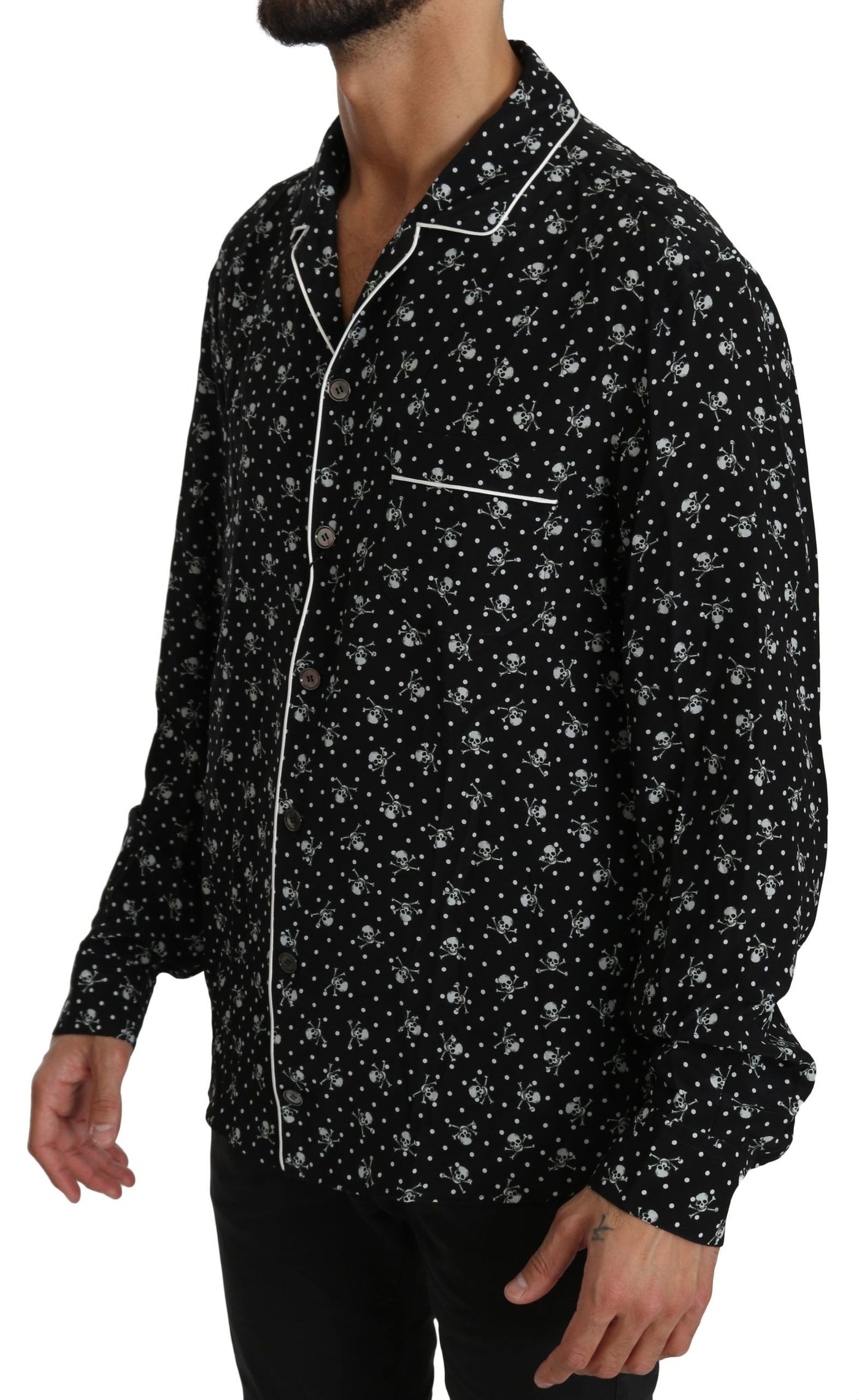 Dolce & Gabbana Schwarzer Totenkopfdruck Seidenschlafanzug Shirt