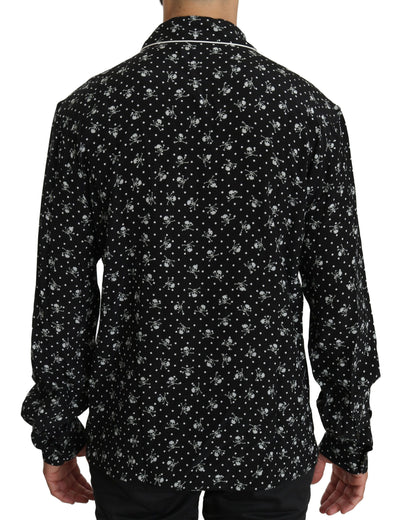 Dolce & Gabbana Schwarzer Totenkopfdruck Seidenschlafanzug Shirt
