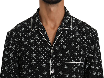 Dolce & Gabbana Schwarzer Totenkopfdruck Seidenschlafanzug Shirt