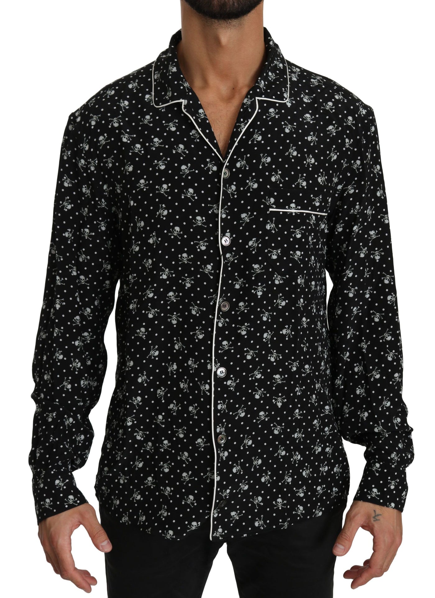 Dolce & Gabbana Schwarzer Totenkopfdruck Seidenschlafanzug Shirt