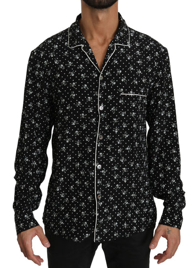 Dolce & Gabbana Schwarzer Totenkopfdruck Seidenschlafanzug Shirt