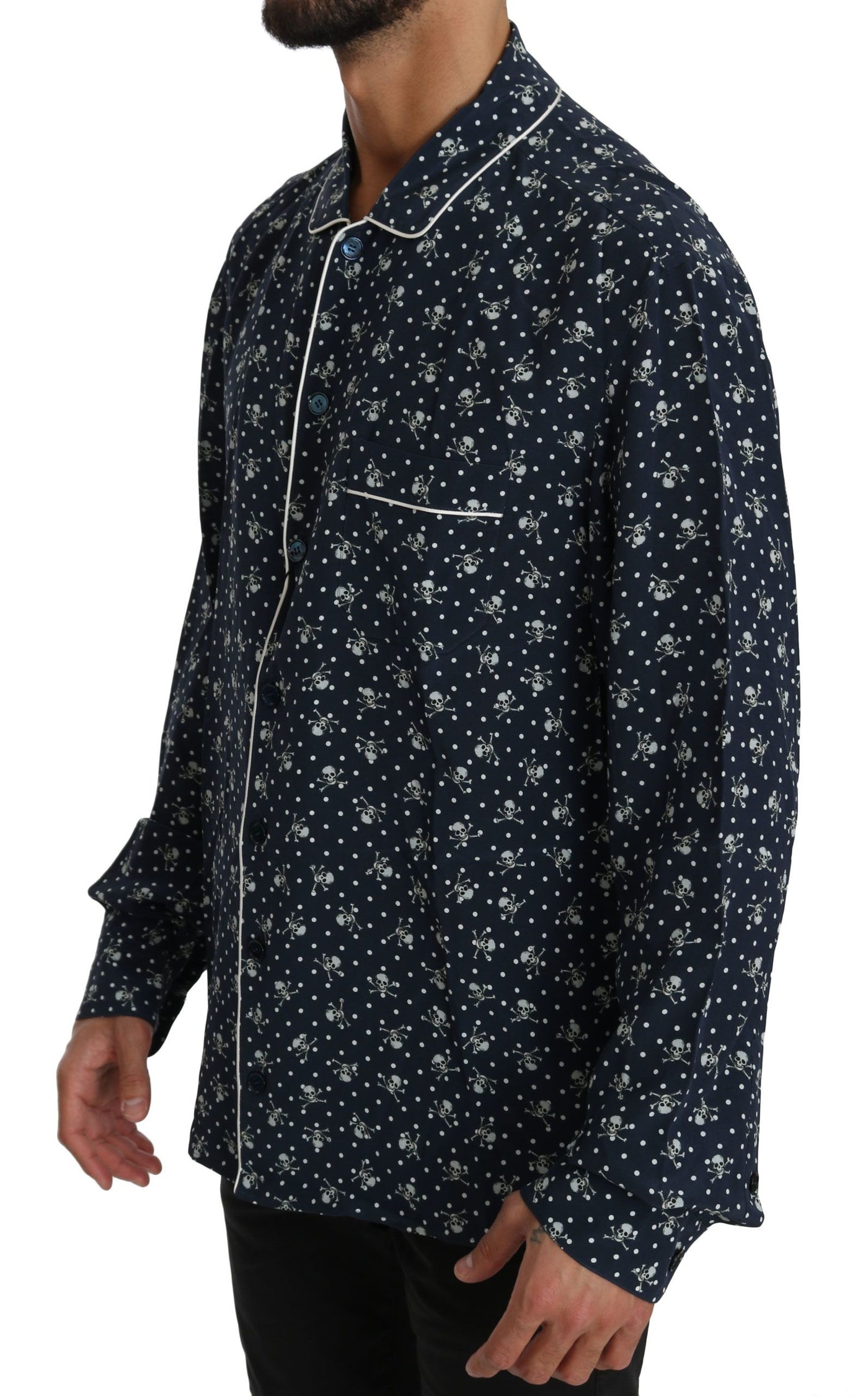 Dolce & Gabbana Blaues Seidentop mit Totenkopfdruck Nachtwäsche Shirt