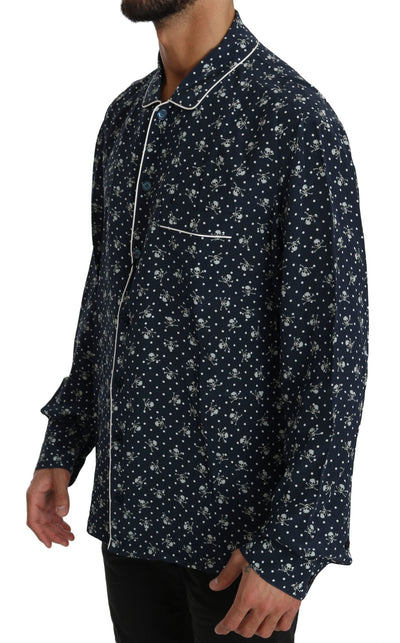 Dolce & Gabbana Blaues Seidentop mit Totenkopfdruck Nachtwäsche Shirt