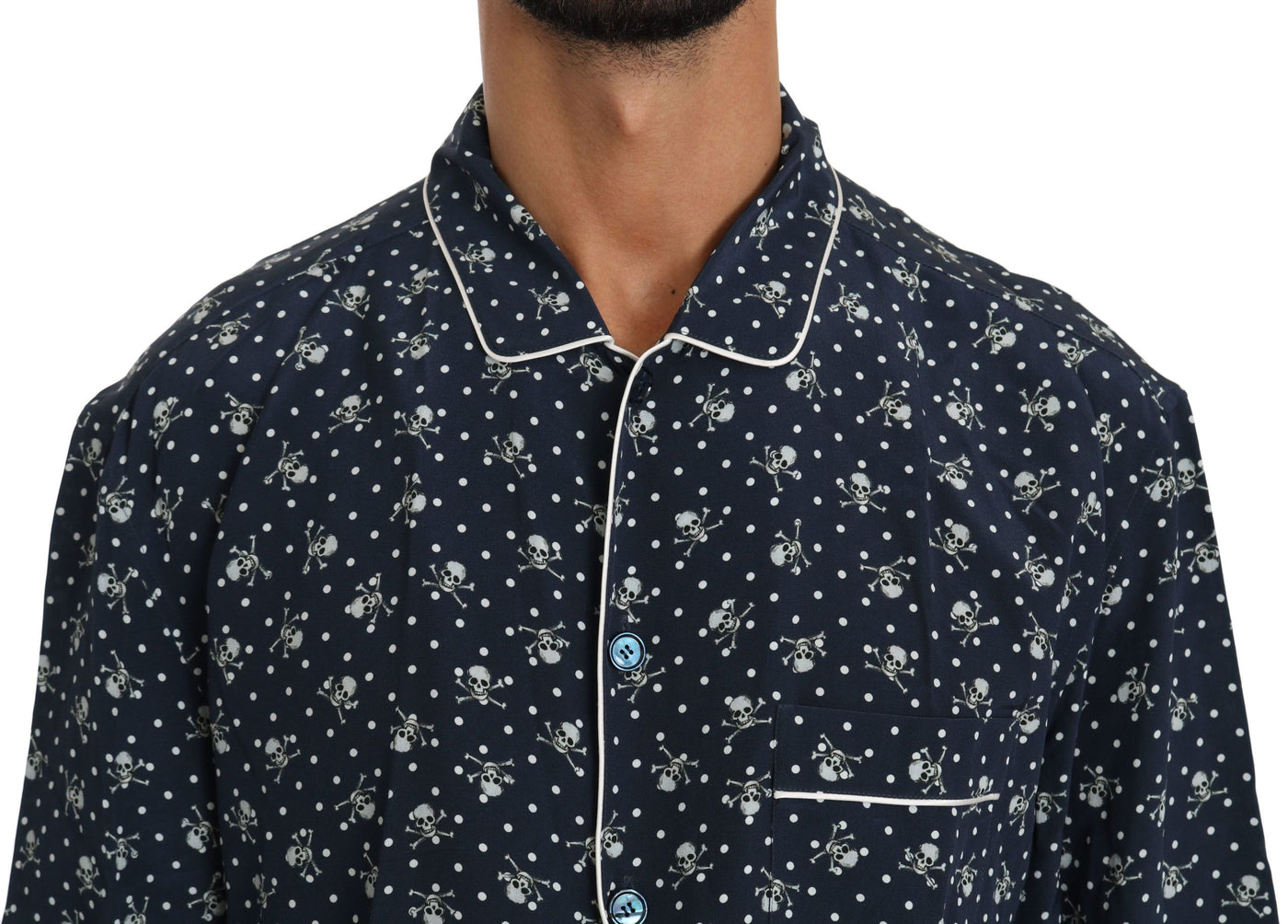 Dolce & Gabbana Blaues Seidentop mit Totenkopfdruck Nachtwäsche Shirt