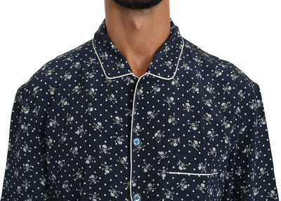 Dolce & Gabbana Blaues Seidentop mit Totenkopfdruck Nachtwäsche Shirt