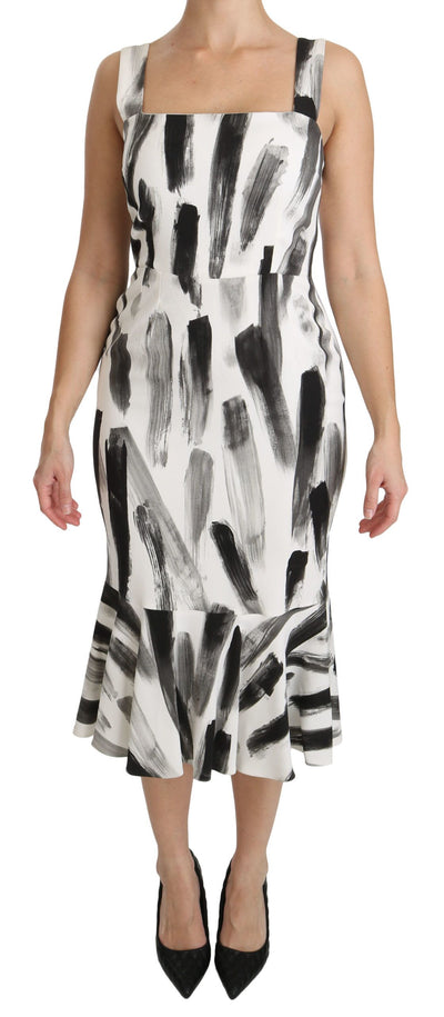 Dolce & Gabbana Weißes, schwarzes, bedrucktes Midi-Kleid aus Viskose