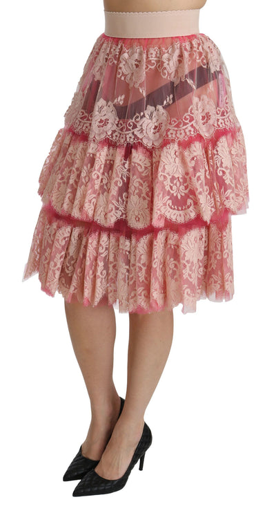 Dolce & Gabbana Rosa Spitze, geschichtet, hohe Taille, knielanger Rock