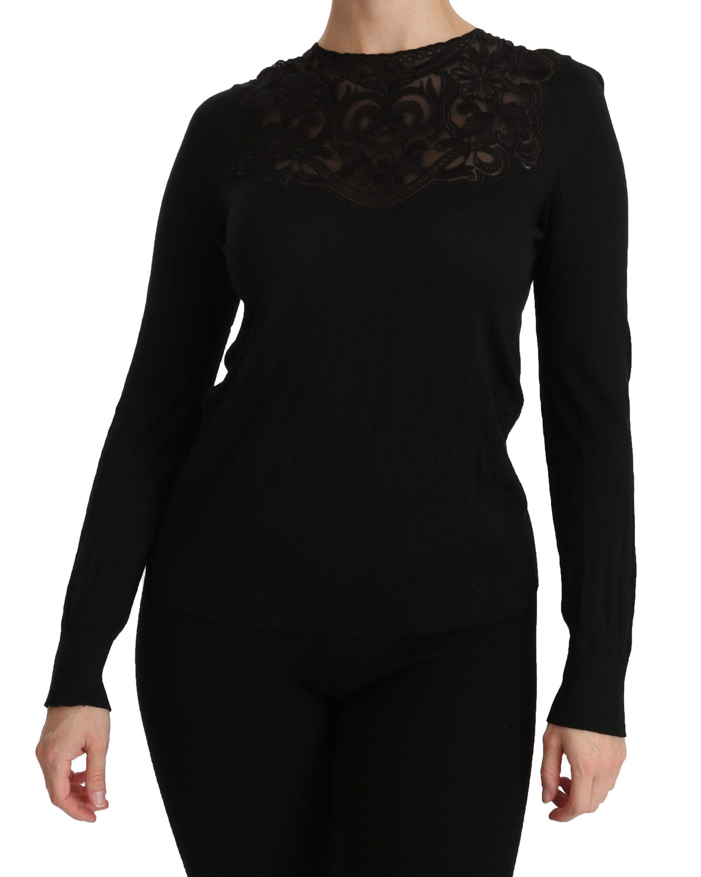 Dolce & Gabbana Schwarze Seidenbluse mit Rundhalsausschnitt und langen Ärmeln