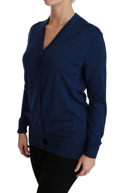 Dolce & Gabbana Blaue Knopf-Strickjacke Schurwollpullover