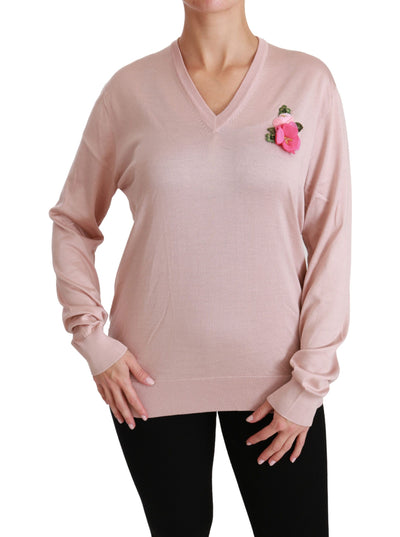 Dolce & Gabbana Rosa Pullover aus Seide mit Blumenverzierung
