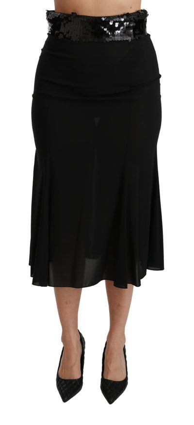 Dolce & Gabbana Schwarzer Midi-Seidenrock mit hoher Taille und Meerjungfrau