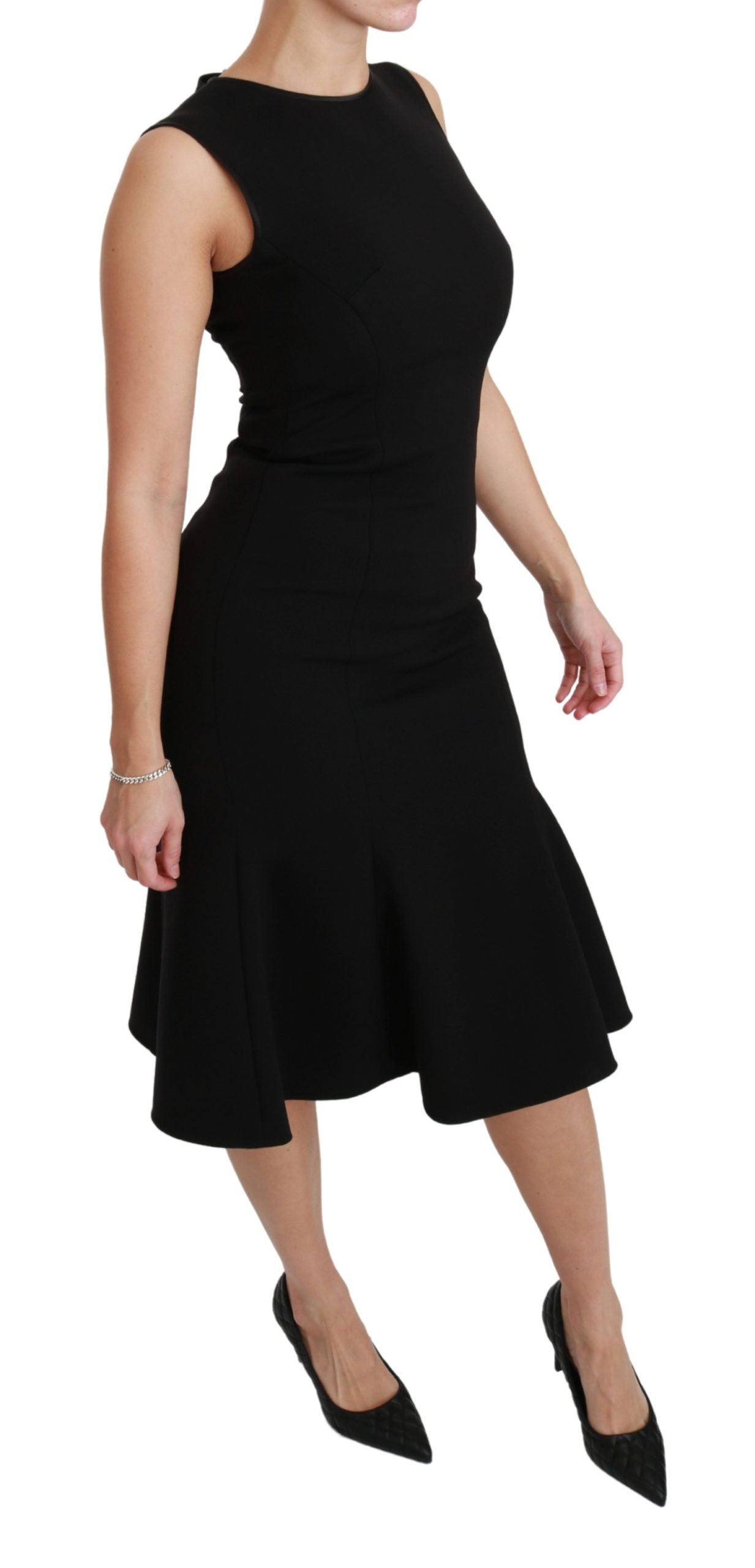 Dolce & Gabbana Schwarzes ausgestelltes Stretch-Scheidenkleid aus Wolle