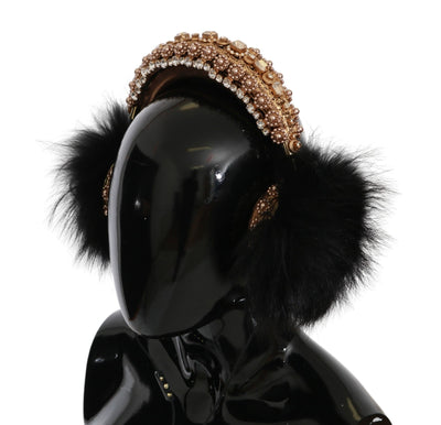Dolce & Gabbana Gold Schwarz Kristall Pelz Headset Audio Kopfhörer