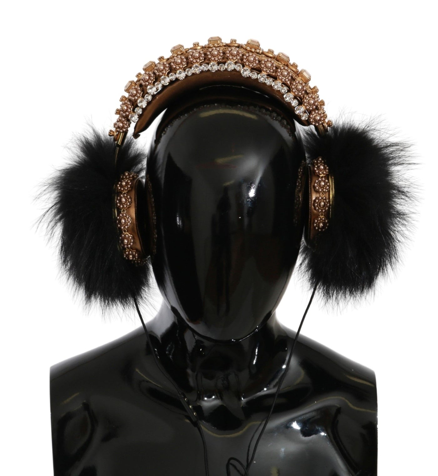 Dolce & Gabbana Gold Schwarz Kristall Pelz Headset Audio Kopfhörer