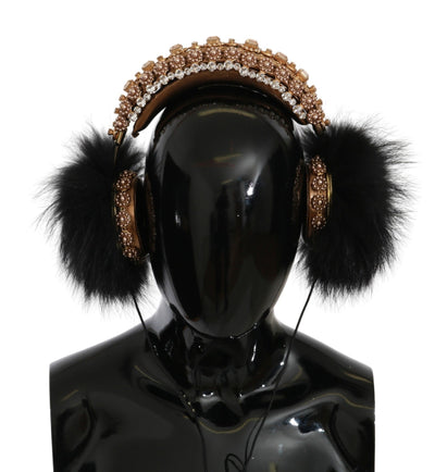 Dolce & Gabbana Gold Schwarz Kristall Pelz Headset Audio Kopfhörer