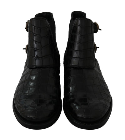 Dolce & Gabbana Schwarzes Krokodilleder Derby Stiefel Schuhe