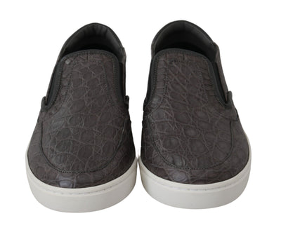 Dolce & Gabbana Graues Leder Flache Kaiman Herren Loafers Schuhe