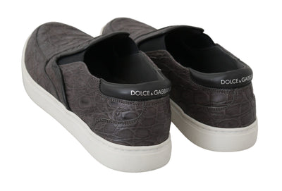Dolce & Gabbana Graues Leder Flache Kaiman Herren Loafers Schuhe