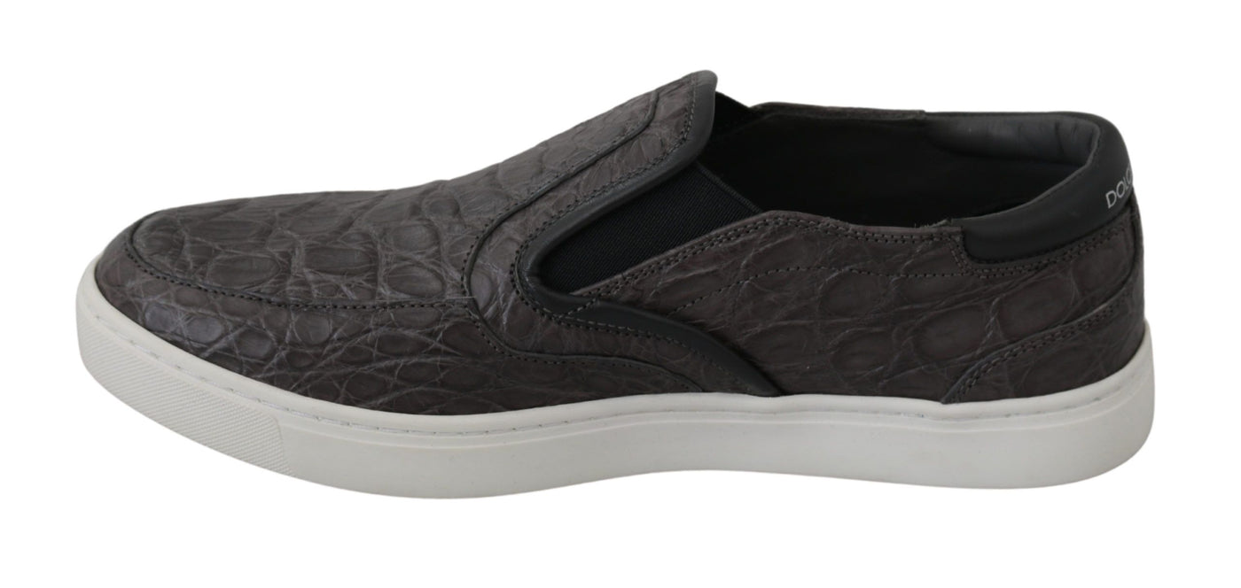 Dolce & Gabbana Graues Leder Flache Kaiman Herren Loafers Schuhe