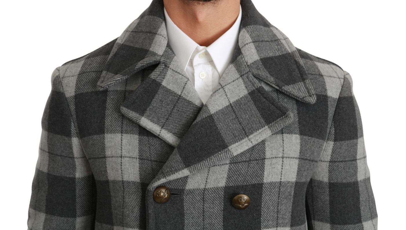 Dolce & Gabbana Grauer karierter Wollkaschmirmantel Jacke