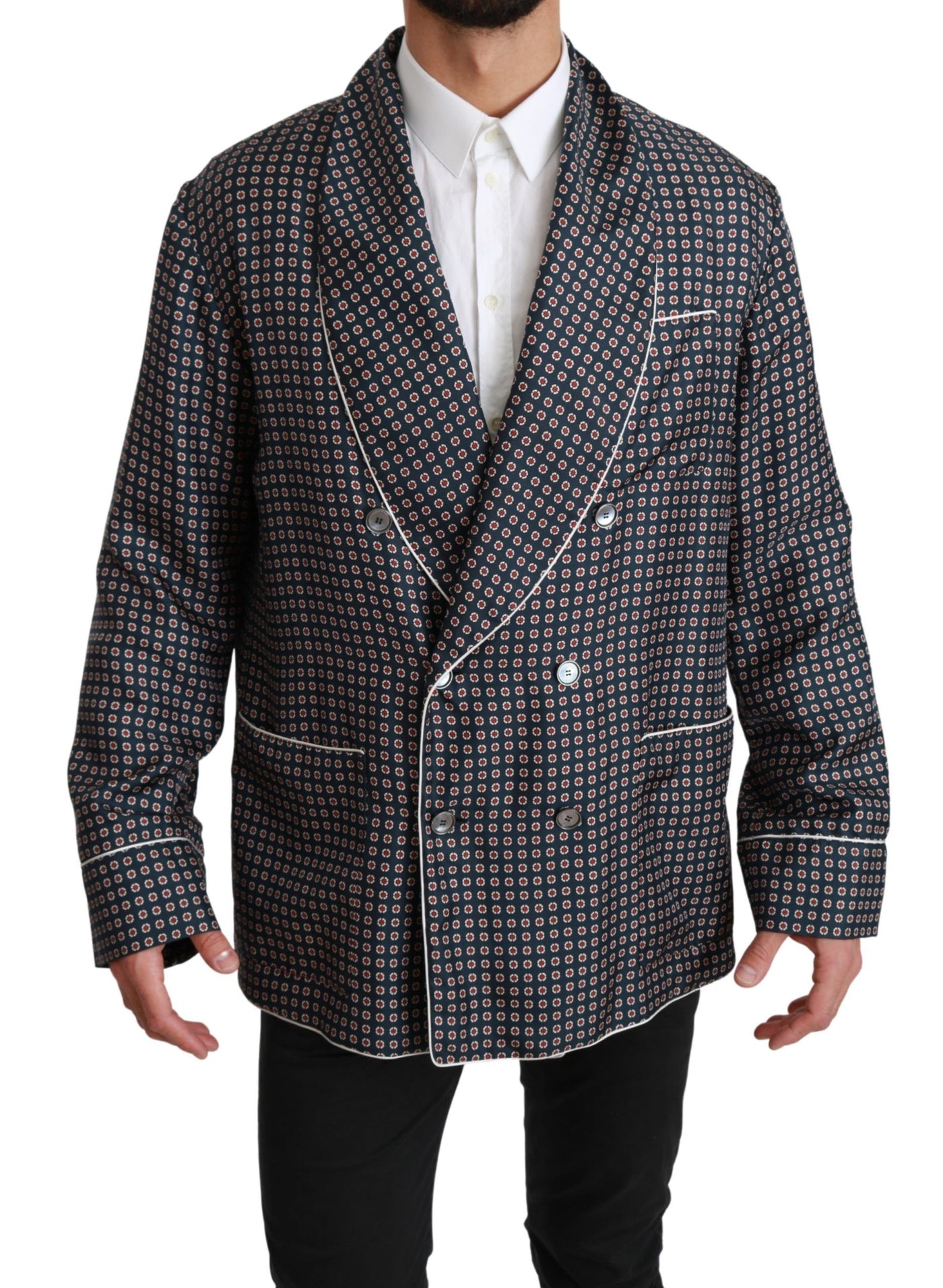 Dolce & Gabbana Marineblauer gemusterter Zweireiher Mantel Jacke