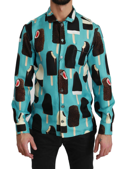 Dolce & Gabbana Blaues Seideneishemd mit Eiscreme-Druck Freizeithemd