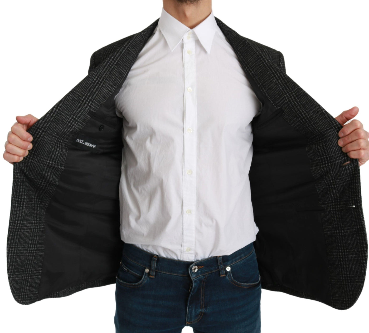 Dolce & Gabbana Graue karierte Jacke mit schmalem Schnitt Blazer