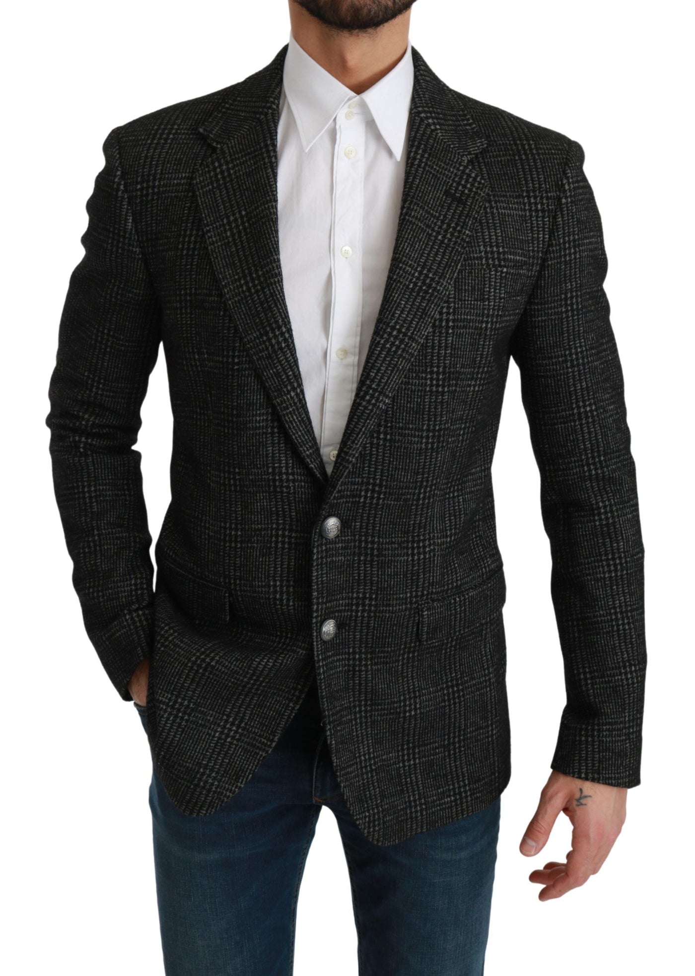 Dolce & Gabbana Graue karierte Jacke mit schmalem Schnitt Blazer