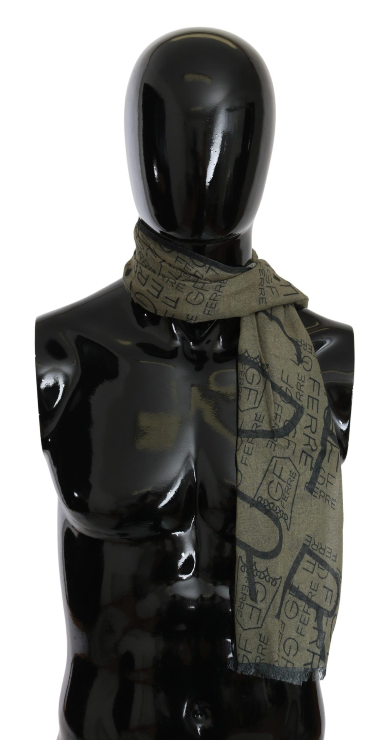 GF Ferre Grüner Foulard aus Wolle und Viskose, gemustert, Markenschal