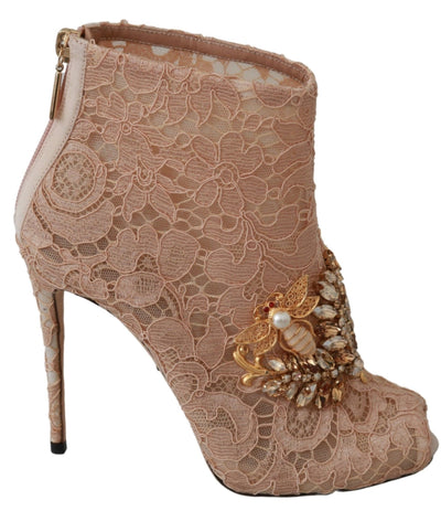 Dolce & Gabbana Rosa Kristall Spitze Booties Stilettos Schuhe